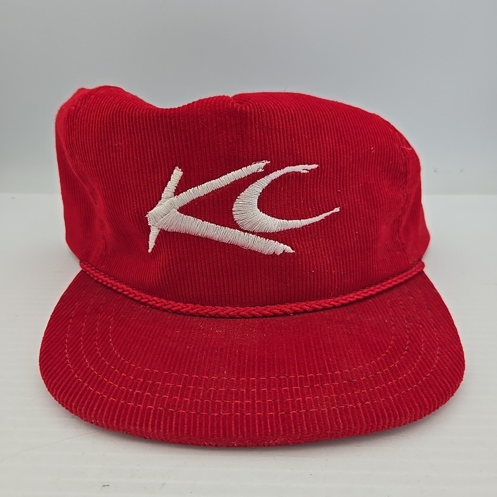 KC HiLiTES Corduroy Red‎ Rope Trucker Hat w/ White Embroidered Logo 1980s USA